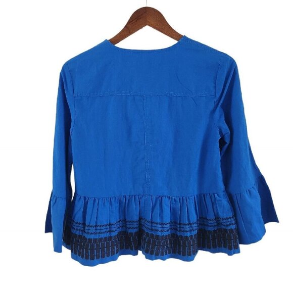 Ann Taylor Blue Embroidered Button Front Flounce Linen Blend Jacket Top XS NEW - Picture 7 of 8